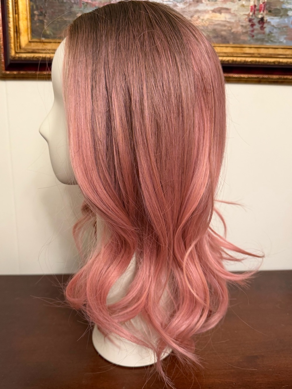 LONAI Ombre soft rose Pink Wavy Wig | Dark Roots Shoulder mid Length - Picture 5 of 10